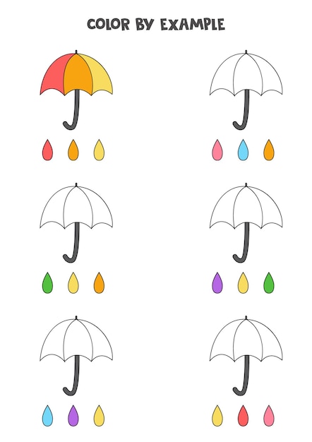 Guarda-chuvas bonitos de cores. página para colorir educacional para crianças em idade pré-escolar.