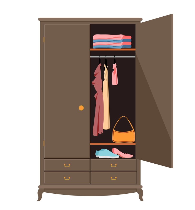 Vetor guarda-roupa aberto guarda-roupa com roupas elegantes camisas suéteres vestidos e sapatos interior da casa