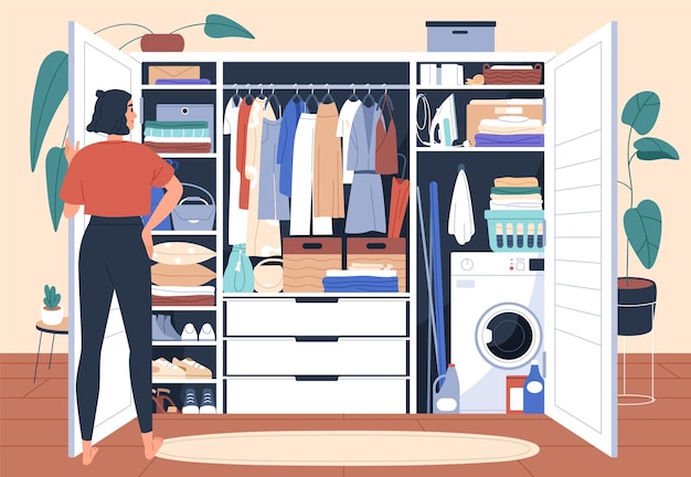 Guarda-roupa depois de arrumado e arrumado. Mulher em frente a um armário arrumado com sistema de armazenamento organizado para roupas, dobradas em prateleiras e penduradas em prateleiras. Ilustração vetorial plana.