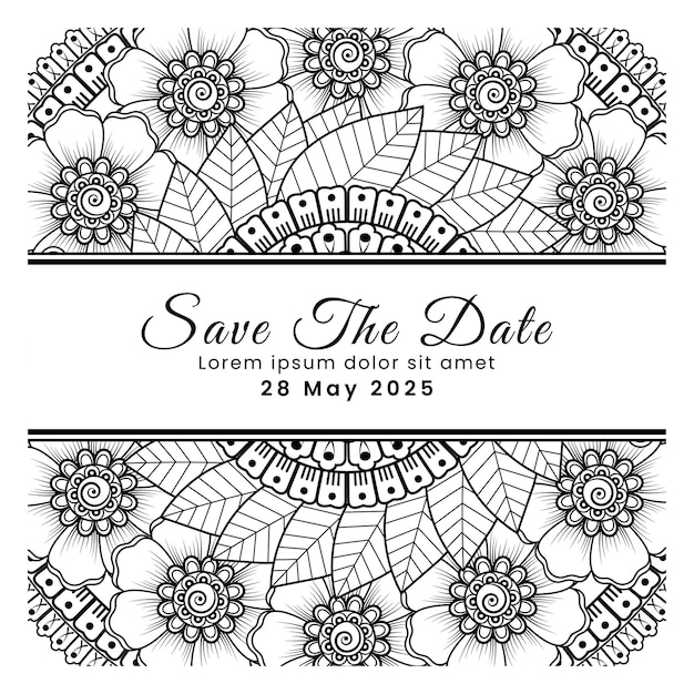 Guarde a data com decoração de flores mehndi em ornamento de doodle oriental étnico