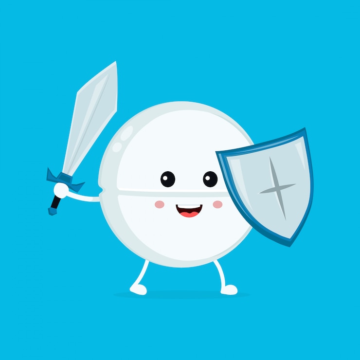 Vetor guardião de pílula tablet engraçado engraçado feliz bonito com espada e escudo. ícone de ilustração de personagem de desenho animado plana. pílula, comprimido, saúde, antibiótico médico