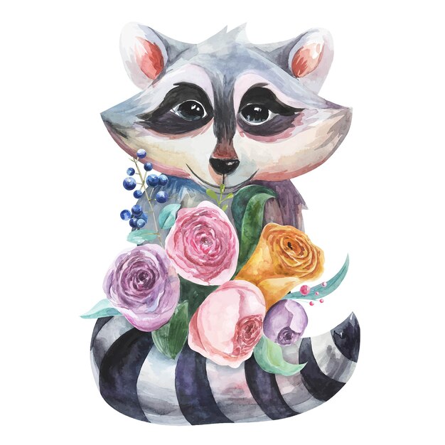 Guaxinim bonito segurando flores mascote de personagem lindo berçário de animais rosas peônias bagas