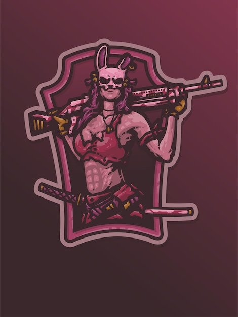 Vetor guerreiro de máscara de coelho lindo com arma e katana sword squad esport vector mascot logo illustration