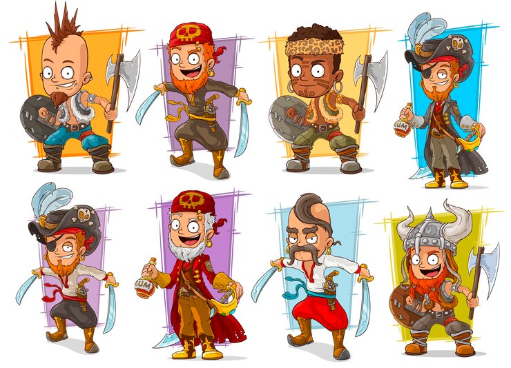 Vetor guerreiro dos desenhos animados com conjunto de caracteres espada e machado