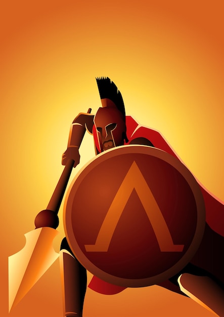 Vetor guerreiro espartano com sua lança e escudo