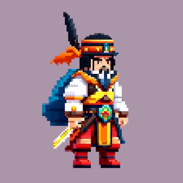 Vetor guerreiro samurai japonês personagem de pixel art para jogo de 8 bits