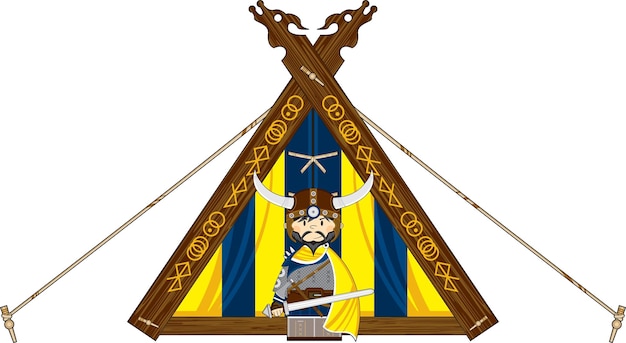 Guerreiro viking bonito dos desenhos animados com ilustração de história nórdica de espada e tenda