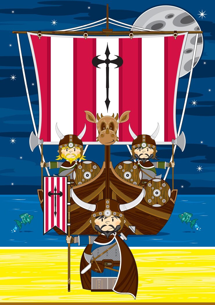 Vetor guerreiro viking dos desenhos animados na praia com ilustração de história nórdica de barco longo
