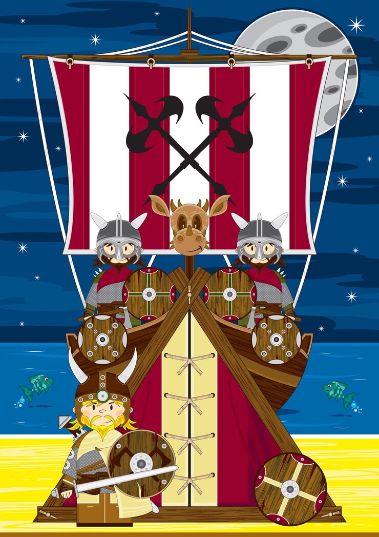 Vetor guerreiro viking dos desenhos animados na praia com ilustração de história nórdica de barco longo