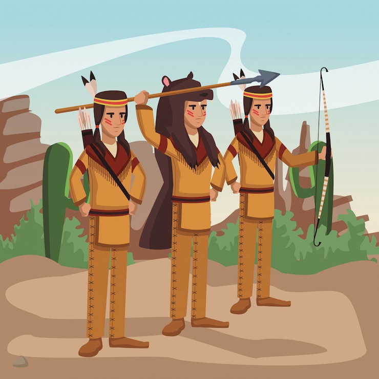 Vetor guerreiros índios americanos na aldeia