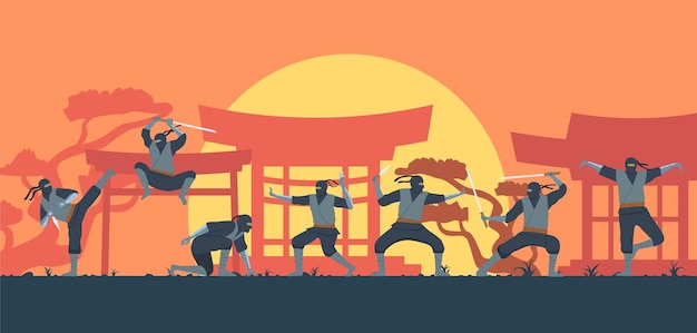 Vetor guerreiros ninja lutando com armas no fundo com torii japonês e ilustração vetorial de composição plana de sol