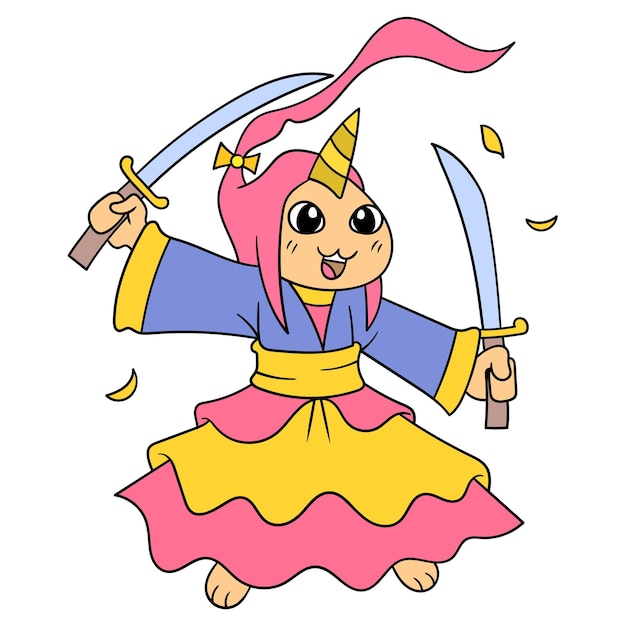 Guerreiros samurai carregando duas espadas prontas para a batalha, arte de ilustração vetorial. imagem de ícone do doodle kawaii.