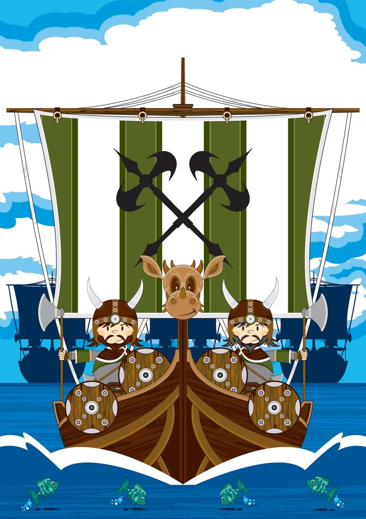 Vetor guerreiros viking bonitos dos desenhos animados na ilustração da história nórdica de barco longo