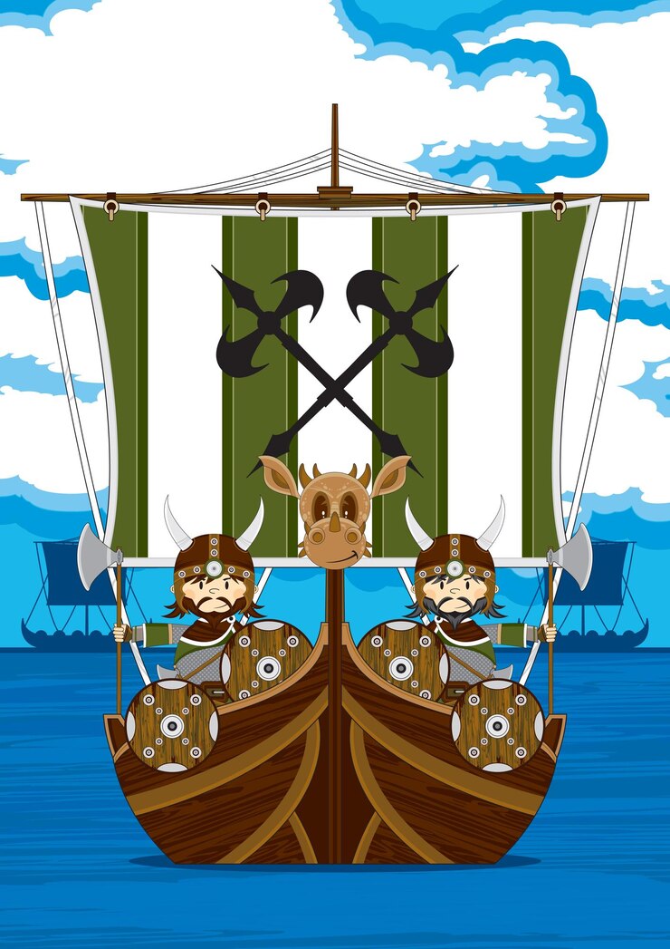 Vetor guerreiros viking bonitos dos desenhos animados na ilustração da história nórdica de barco longo