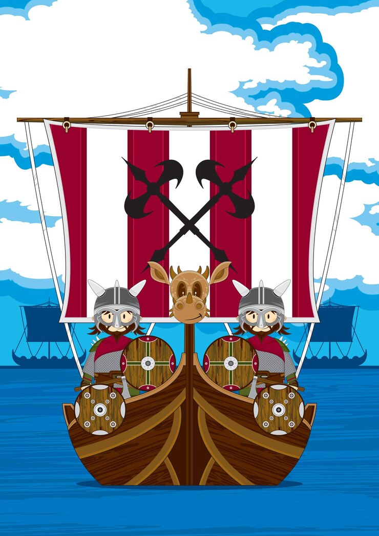 Vetor guerreiros viking bonitos dos desenhos animados na ilustração da história nórdica de barco longo