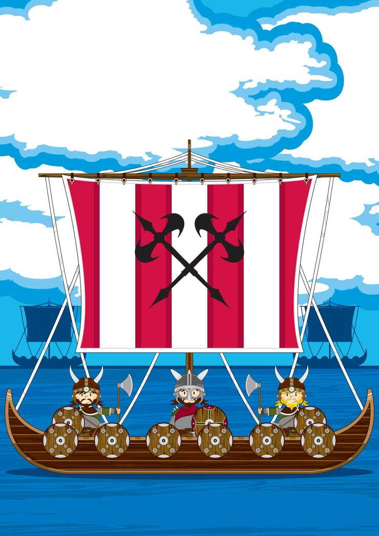 Vetor guerreiros viking bonitos dos desenhos animados na ilustração da história nórdica de barco longo