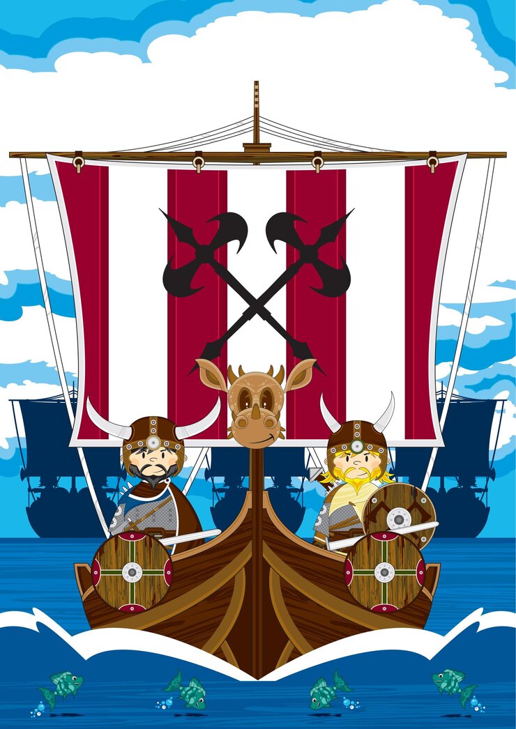 Vetor guerreiros viking bonitos dos desenhos animados na ilustração da história nórdica do dragão longboat