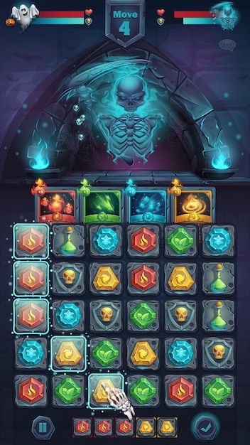 GUI de batalha de monstros com jogo de campo de jogo assustador de esqueleto 3 - janela de formato móvel de ilustração vetorial estilizada de desenho animado com botões de opções, itens de jogo