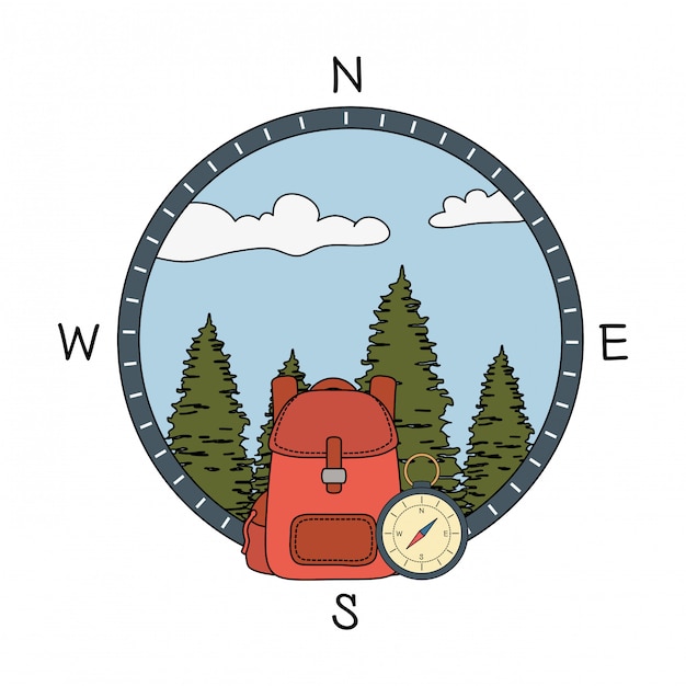 guia de bússola com floresta de pinheiros e travelbag