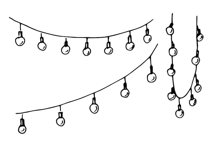 Vetor guirlanda com ilustração desenhada à mão do vetor de luzes em estilo doodle para festa esboço de flâmulas penduradas em fundo branco isolado