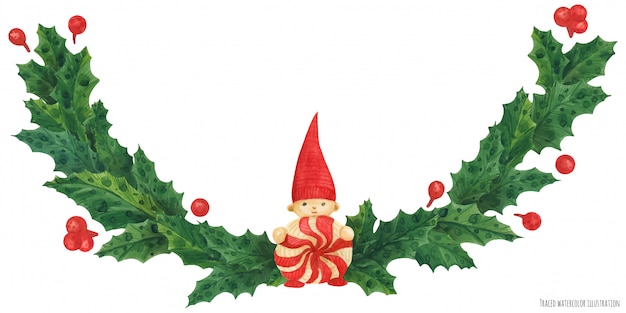 Guirlanda de azevinho de natal com gnomo, ilustração aquarela