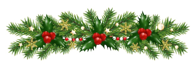 Guirlanda de decorações de fronteira de Natal com flocos de neve de ramos de abeto Elemento de design para o ano novo de Natal