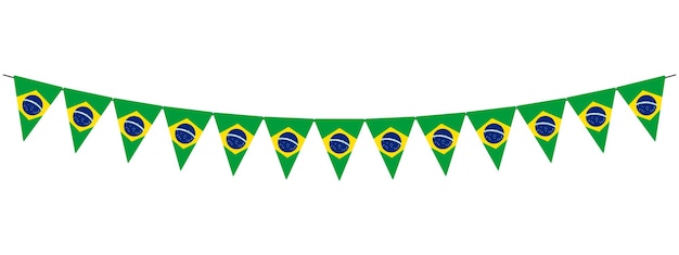 Vetor guirlanda de estamenha do brasil com corda de flâmulas brasileiras de bandeiras triangulares elemento decorativo vetorial panorâmico