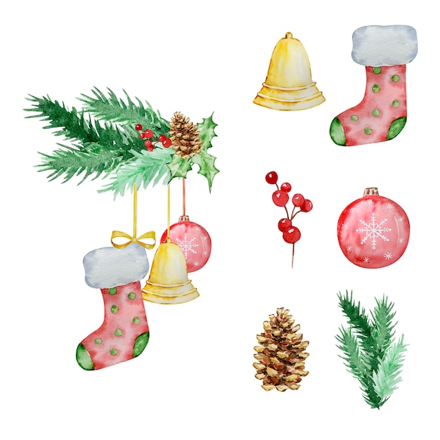 Guirlanda de ilustração de Natal em aquarela de ramos de abeto com meia de Natal