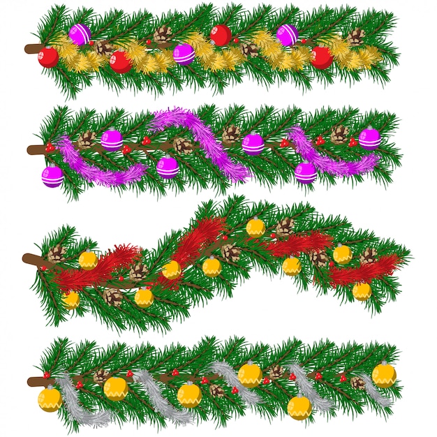 Guirlanda de pinheiro de natal com enfeites, bolas e cones. conjunto de férias de desenho de vetor de elementos decorativos isolados.