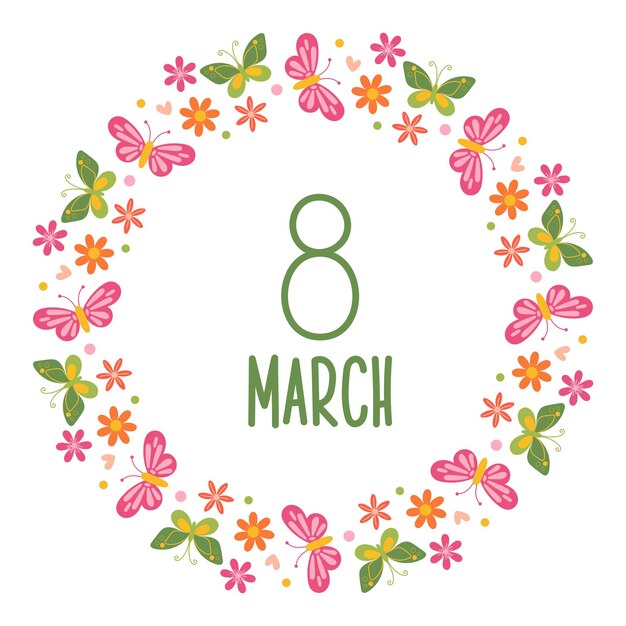 Vetor guirlanda de primavera com flores e borboletas dia internacional da mulher, 8 de março moldura decorativa