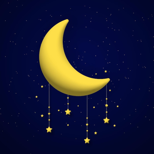 Guirlandas 3d fofas de lua e estrelas no fundo do céu noturno Composição quadrada ilustração vetorial