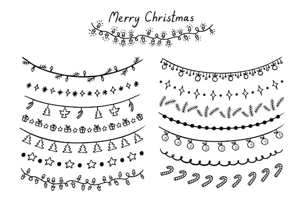 Guirlandas de inverno desenhadas à mão símbolos de Natal isolados em fundo branco Doodle Natal