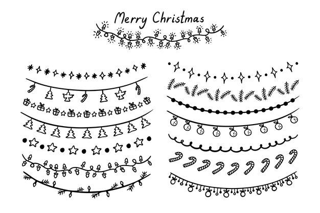 Guirlandas de inverno desenhadas à mão símbolos de Natal isolados em fundo branco Doodle Natal