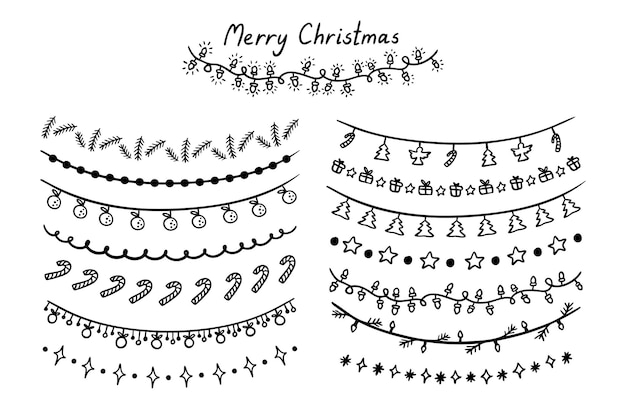 Guirlandas de inverno desenhadas à mão símbolos de Natal isolados em fundo branco Doodle Natal
