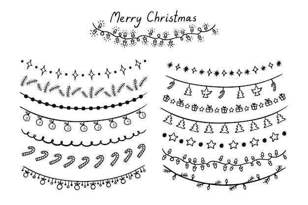 Guirlandas de inverno desenhadas à mão símbolos de Natal isolados em fundo branco Doodle Natal