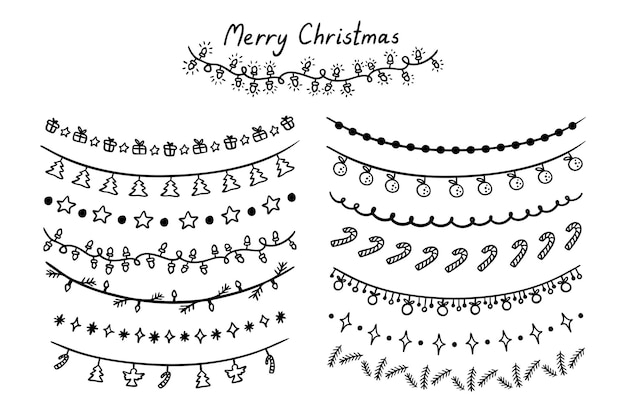 Guirlandas de inverno desenhadas à mão símbolos de Natal isolados em fundo branco Doodle Natal