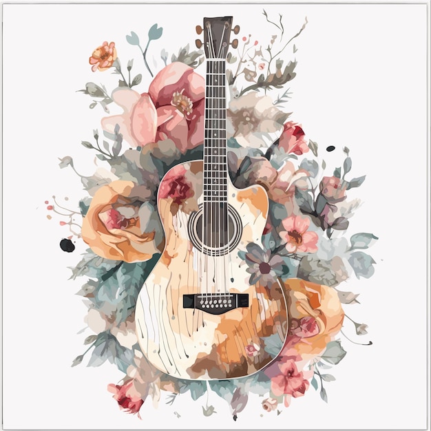 guitarra aquarela em flor floral