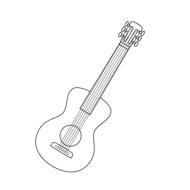 Vetor guitarra clássica de seis cordas doodle um instrumento musical de cordas um símbolo de caminhadas acampar viajando delinear ilustração vetorial preto e branco isolada em um fundo branco