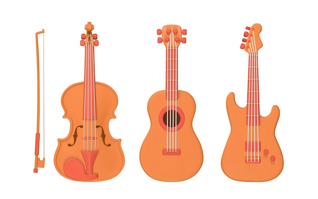 Vetor guitarra elétrica e acústica de violino realista 3d para design de conceito de música em estilo de desenho animado de plástico ilustração em vetor