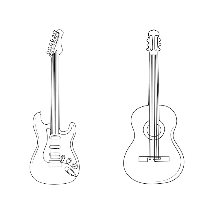 Vetor guitarra elétrica e acústica uma linha de arte instrumentos musicais desenhados à mão ilustração vetorial