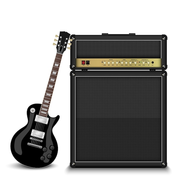 Guitarra elétrica e amplificador de guitarra clássico isolado na ilustração vetorial de fundo branco