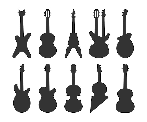 Guitarra formas vetoriais silhuetas negras definidas isoladas em um fundo branco.