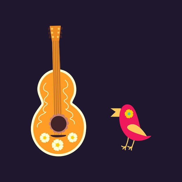 Vetor guitarra mexicana e pássaro com padrão étnico folclórico