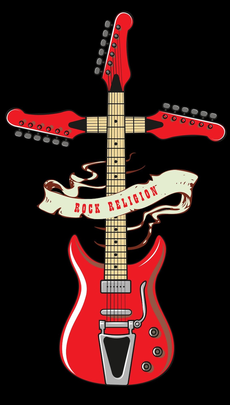 Vetor guitarra no estilo de um ícone religioso com fitas e inscrições no estilo de um esboço rápido