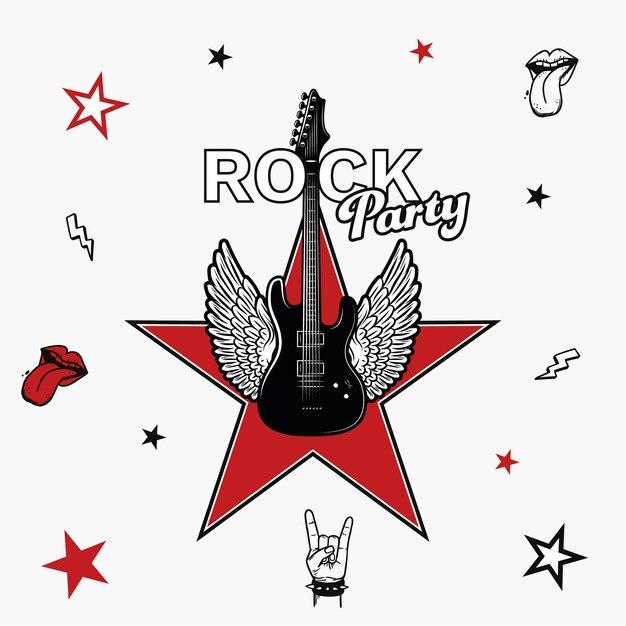 Vetor guitarra rock party com asas