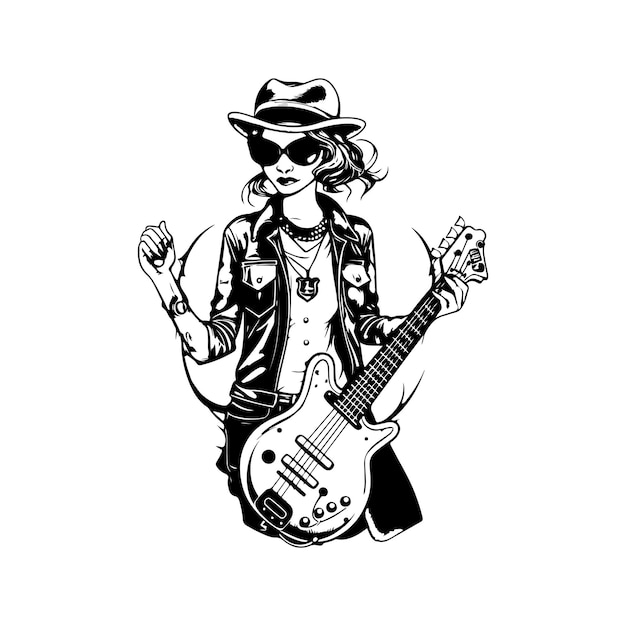 Guitarrista feminina logotipo vintage conceito de arte de linha cor preto e branco ilustração desenhada à mão