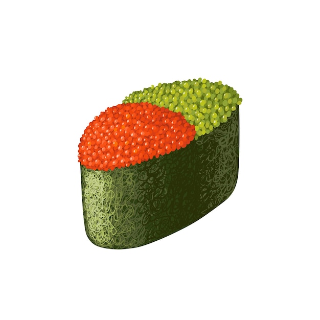 Vetor gunkan japonês com caviar masago vermelho e verde e arroz envolto em alga nori. vetor clipart.