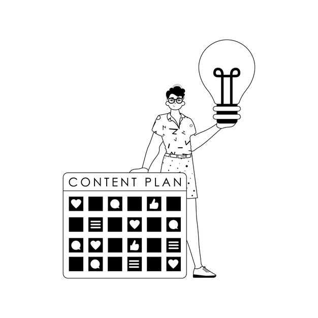 Guy plano de mensagem e queda lâmpada limpa capaz de rede social preto e branco analógica vogue estilo trendy ilustração vetorial