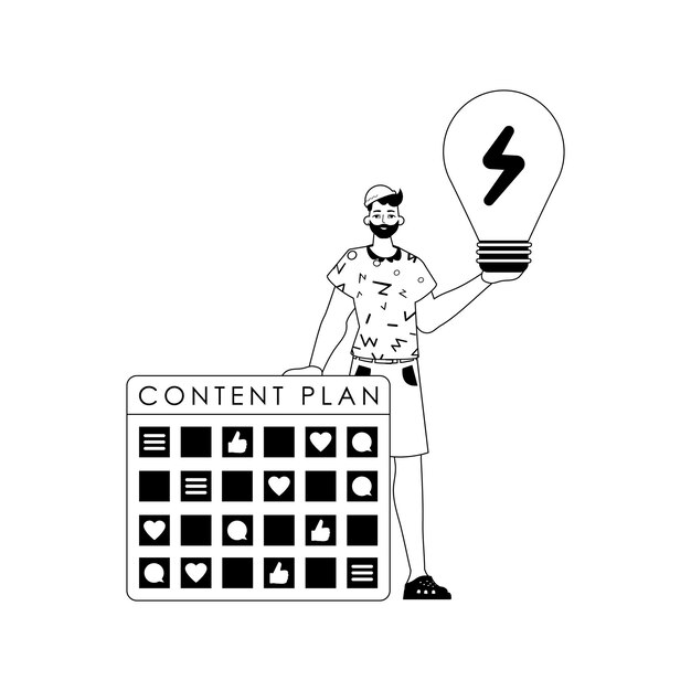 Guy plano de mensagem e queda lâmpada limpa capaz de sociável rede preto e branco analógica vogue estilo trendy Vector Ilustração