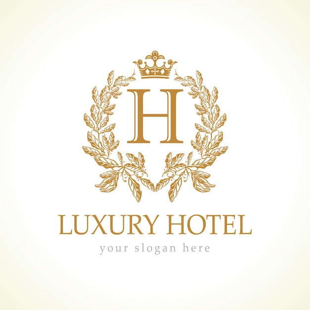 H logotipo da empresa. luxuoso hotel. brasão de armas, heráldica da realeza dourada. conceito decorativo